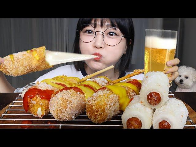Hot Dog and Beer MukbangCheese and Sausage Corn Dogs Mukbang ASMR