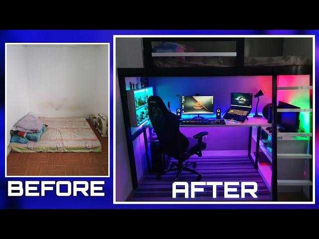 DIY LOFT BED  W/ GAMING AREA |Small Room Makeover Ultimate Gaming Room Setup w/ LED expert Lighting