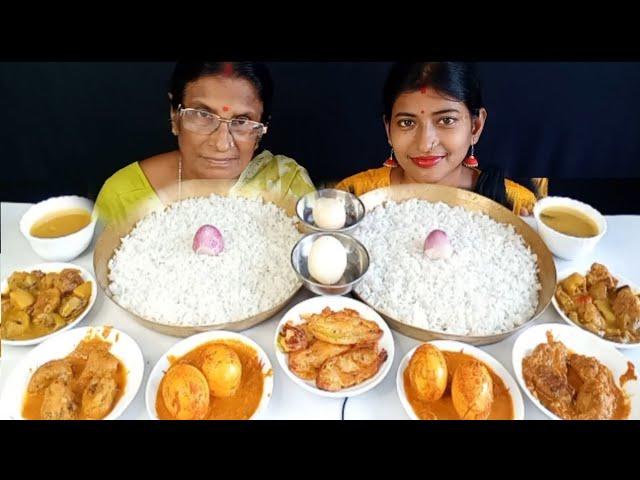 Simple Lunch Eating -spicy  Egg Curry, fish Egg Curry, potol curry With Huge Rice Eating Challenge