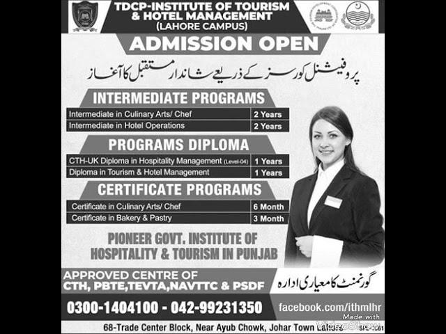 *TDCP Institute of Tourism & Hotel Management, Lahore*Professional Courses Admissions 2023..........