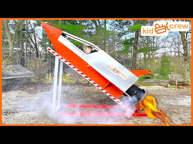 Flying ride on kids rocket ship to launch satellite in space for eclipse. Educational | Kid Crew