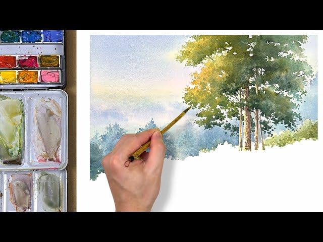 Watercolor Painting Nature's Beauty: Trees, Flowers, and Winding Path