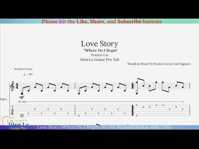 Love Story (Where Do I Begin) Arr for Acoustic Guitar with TABs