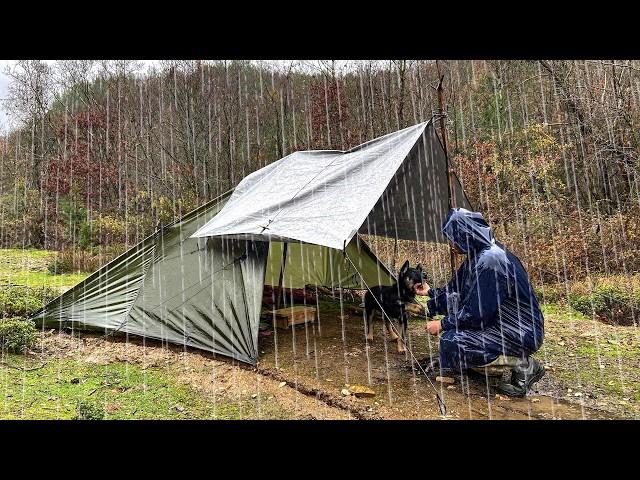 Caught in Heavy Rain and Hail - 5 Days in Forest with Tarp, Tent, and Stone House, Off the Grid