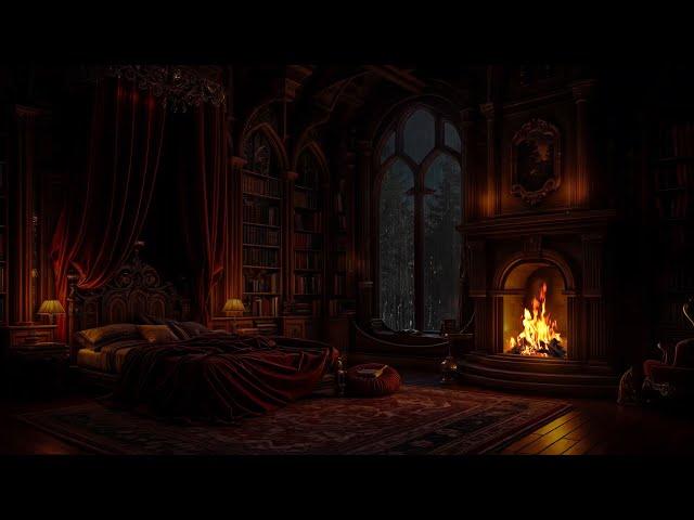 Falling Asleep in this Cozy Castle Room | Gentle Rain and Fire Sounds ️ Relaxing Ambience