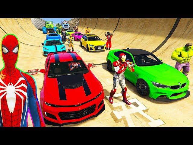 SPIDERMAN CARS MARIO Ramp JUMP Challenge ! SUPERHERO HULK IronMan Trevor and Friends Stunt - GTA V