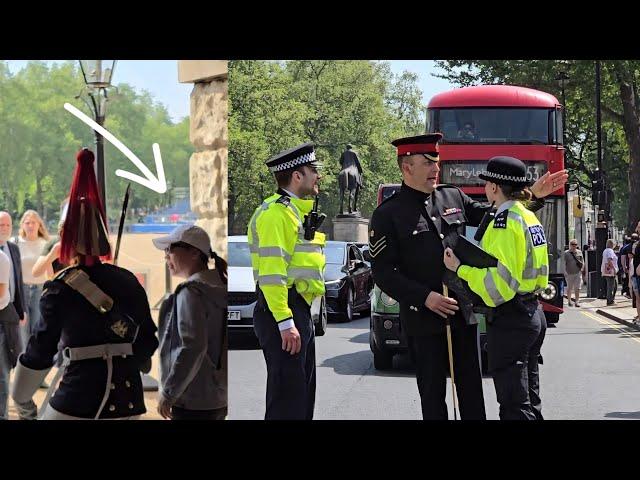 A Tourist TOUCHED the KING'S GUARD, and the King's Guard REACTED at Horse Guards in London