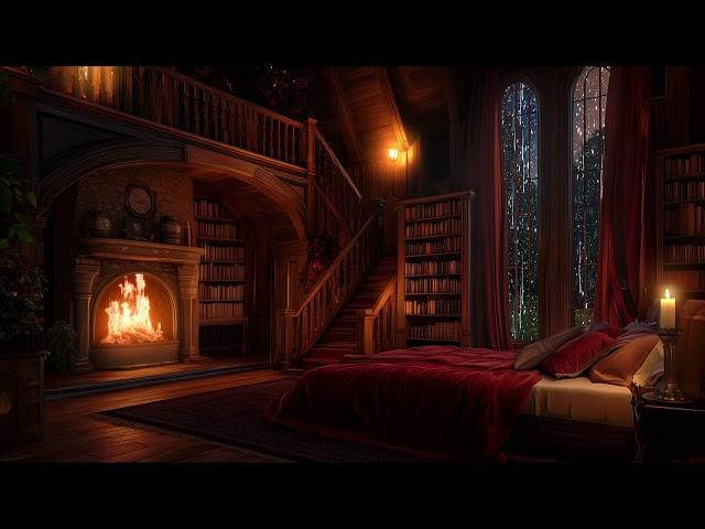 Sleep Instantly in a Cozy Castle Room Haven - Rain, Fireplace and Thunderstorm Sounds for 12 Hours