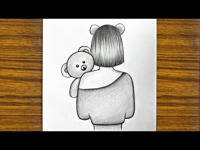 How to draw a girl holding a teddy bear || Girl drawing step by step || Easy drawing for beginners