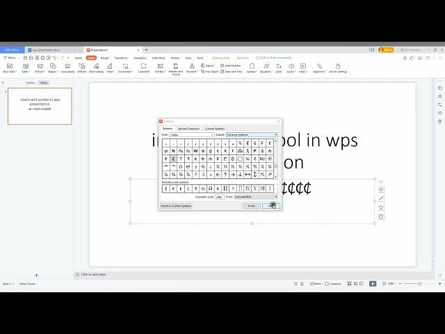 how to insert cent symbol in wps presentation