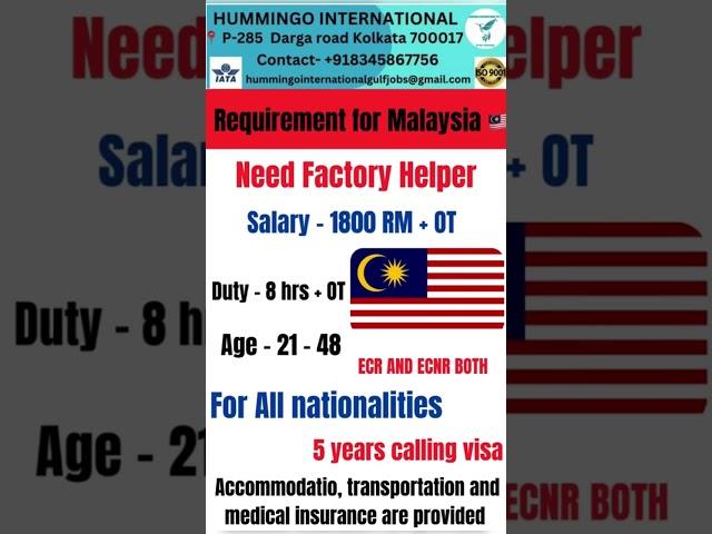 Malaysia calling visa job | All nationalities | Malaysia factory helper job | #shorts #malaysia #job