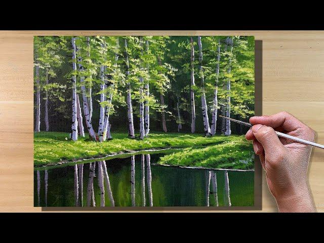 Acrylic Painting Birch Trees Reflection / Correa Art