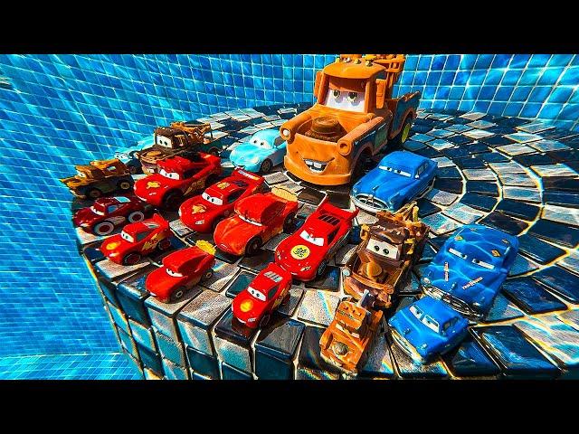 Disney Pixar Cars falling into deep pool, Lightning McQueen, Tow Mater, Mack, Sally, Francesco