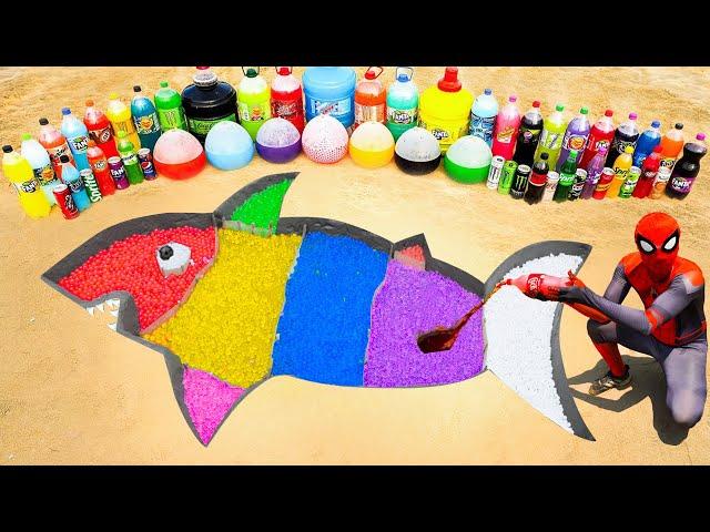 Spiderman & How to make Rainbow Shark with Orbeez, Giant Coca Cola, Mirinda, Pepsi, Fanta vs Mentos