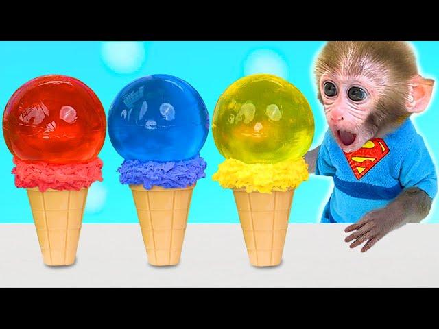 Monkey Baby Bon Bon eat jelly fruit ice cream and naughty with ducklings in the swimming pool