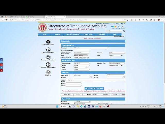 MP Cyber Treasury Challan/ No Need Pay Online/ Pay in Cash on SBI Counter