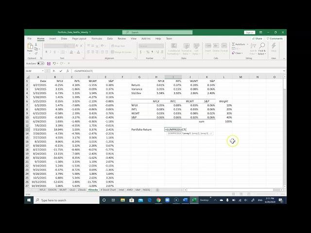 Four Stock Portfolio and Graphing Efficient Portfolio Frontier