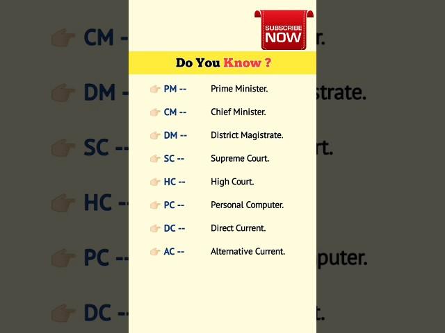 PM/CM/DM/SC/HC/PC/DC/AC Full Forms || Important Full Form