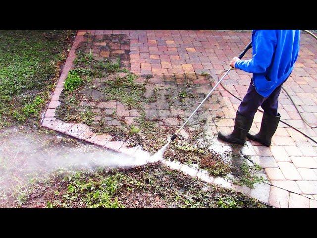 Blasting weeds off a paver patio - Pressure washing ASMR!