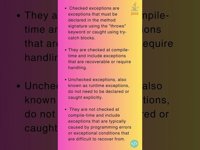What is the difference between checked and unchecked exceptions? #javabasics #javaconcepts #java