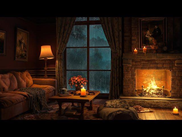 Rainy Night in Cozy Room Ambience with Soft Jazz Music  Heavy Rain, Crackling Fireplace to Sleep 4K