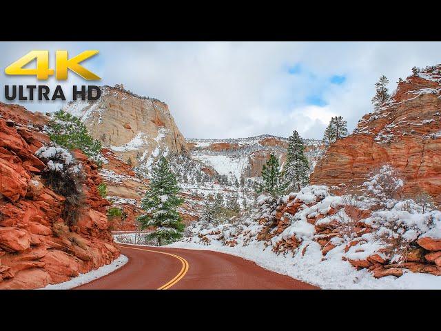 Zion Canyon Scenic Drive 4K | Zion National Park Utah | Winter Snow