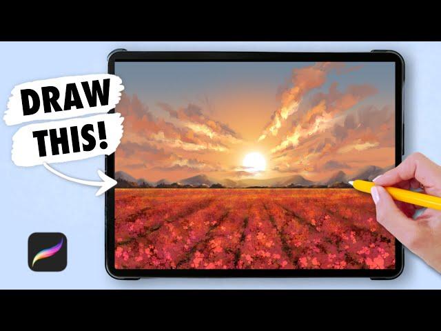 PROCREATE Landscape Drawing Tutorial for Beginners - SUNSET FLOWER FIELDS (step by step)