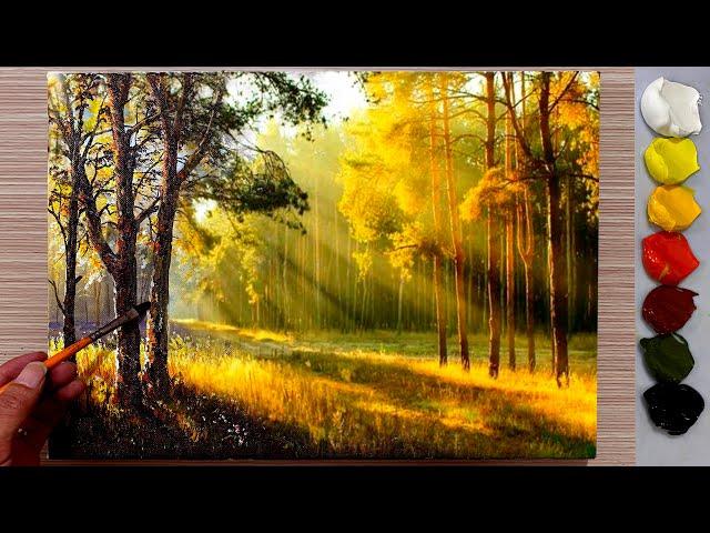 Technique of painting sunlight through tree canopy / Acrylic landscape painting / Art painting.