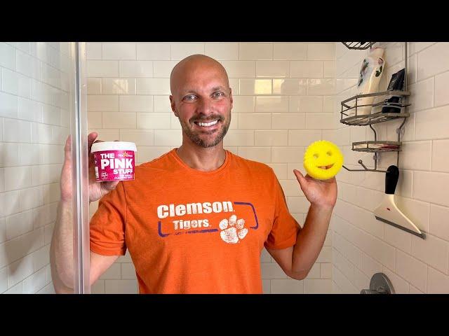 CLEANING HACK - How to Clean Shower Glass with MIRACLE Pink Stuff & Scrub Daddy