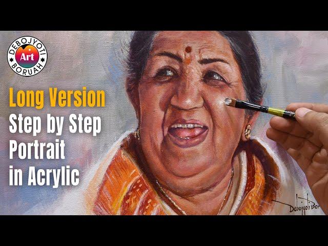 Step-by-Step Tutorial | Lata Mangeshkar Portrait Painting in Acrylic on Canvas by Debojyoti Boruah