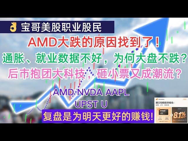 AMD大跌的原因找到了！通胀、就业数据不好，为何美股大盘不跌？后市抱团大科技，砸小票又成潮流？AMD NVDA AAPL UPST U！10102024