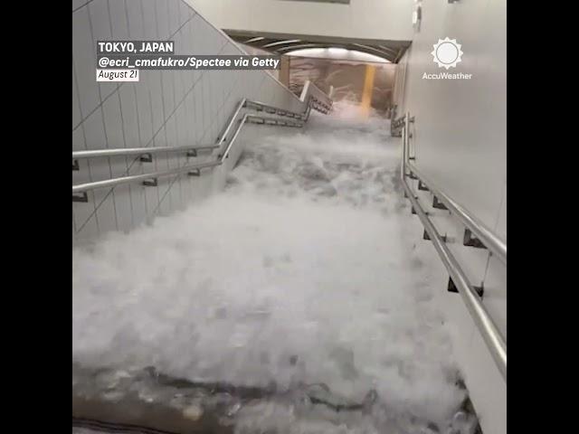 Floodwater Tumbles Down Stairs in Tokyo Subway