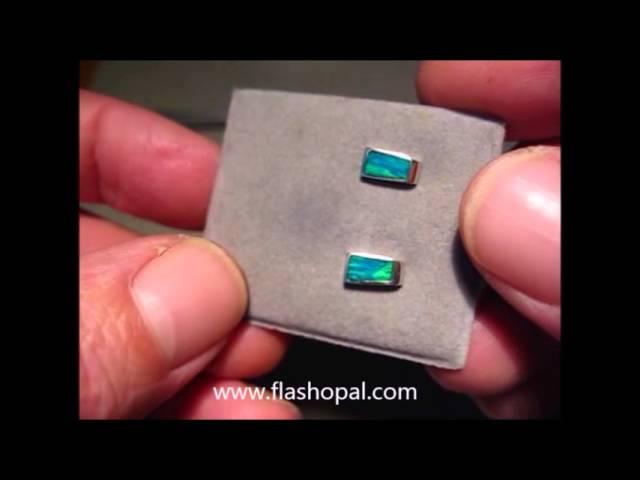 Opal Earrings 14k White Gold Studs Green Blue Rectangle