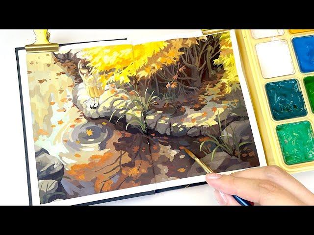 Cozy Art Video / Autumn Gouache Painting / Landscape Painting with Gouache / Paint with Me 