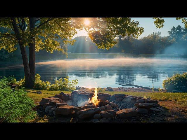 Cozy Campfire by the Lake | Gentle Lake Waves & Crackling Fire Sounds for Relaxing