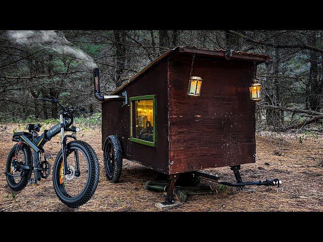 CHILLY NIGHT IN A BIKE CAMPER with Wood Stove!