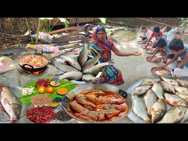 Rohu& katla fish curry cooking and eating in village ! fish catching videos in river,rohu fish curry