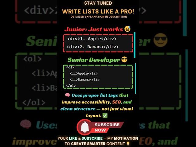 Junior vs Senior Developer: How to Write Lists Like a Pro!  #devmap #html #coding #shorts #frontend