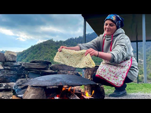 Delicious Large Kutabs with Fresh Greens Picked in the Mountains, Cooked on a Campfire