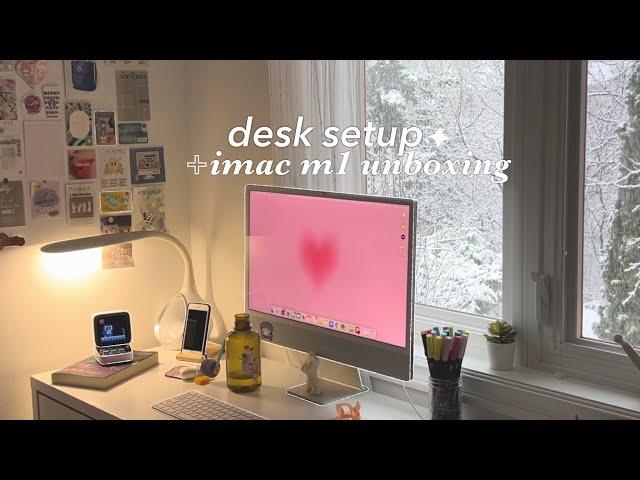 imac m1 unboxing + aesthetic desk setup 