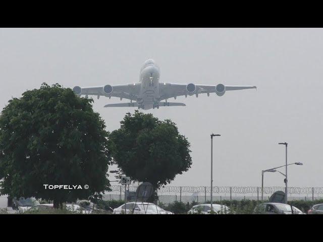 What a Thrilling view ! Heavy Airplanes A380 and Boeing 747 taking off