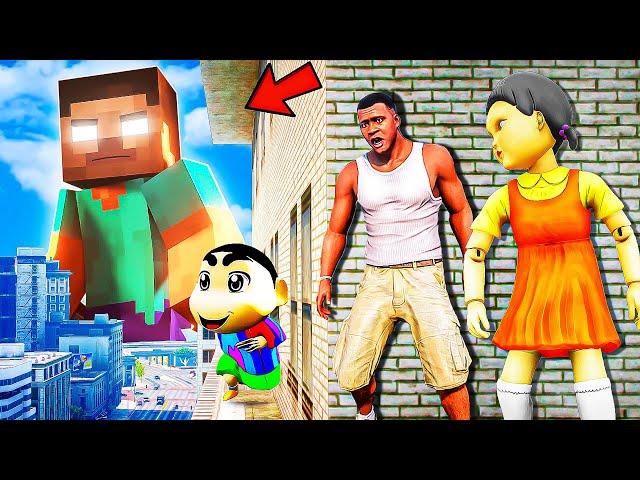 Franklin and Shinchan & Pinchan play HIDE AND KILL with Squid Game Doll In GTA 5