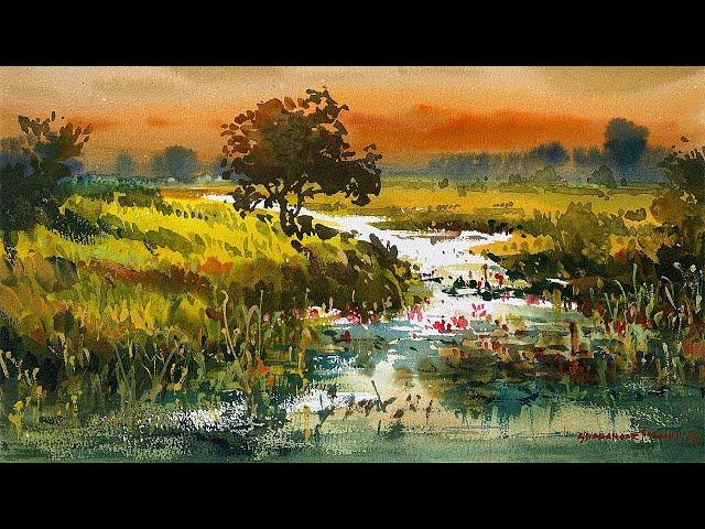 How to Paint a Scenery with Watercolor | Watercolour Landscape Painting Tutorial | Shahanoor Mamun