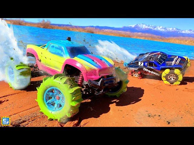 RC CAR CUSTOM SAND TIRES DRIVE ON WATER CHALLENGE!