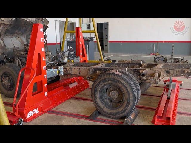 ISUZU Truck frame repair with Celette BPL Heavy duty equipment