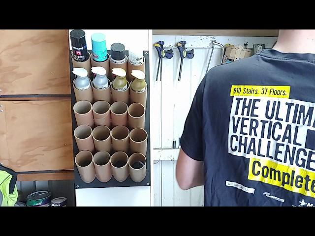 Spray paint storage rack from salvaged materials