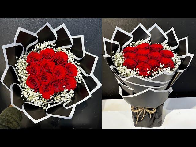 Valentines Bouquet Ideas |12 Red Rose Bouquet | How To Make Flower Bouquet |  Red Roses Bouquet