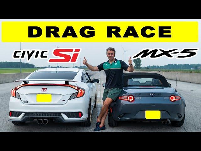 2021 Mazda Miata MX-5 6Speed takes on Honda Civic Si Coupe 6Speed, drag and roll race.