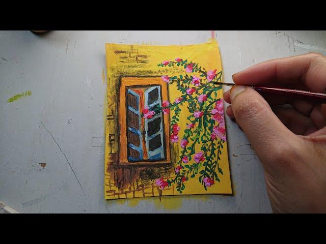 old window flower painting easy | tiny painting tutorial #artyhiru04