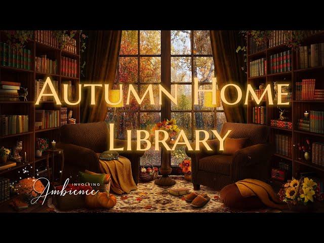 Autumn Home Library ASMR Ambience️Cat Purring, Page Turning, Tea Pouring in the Cozy Autumn Rain